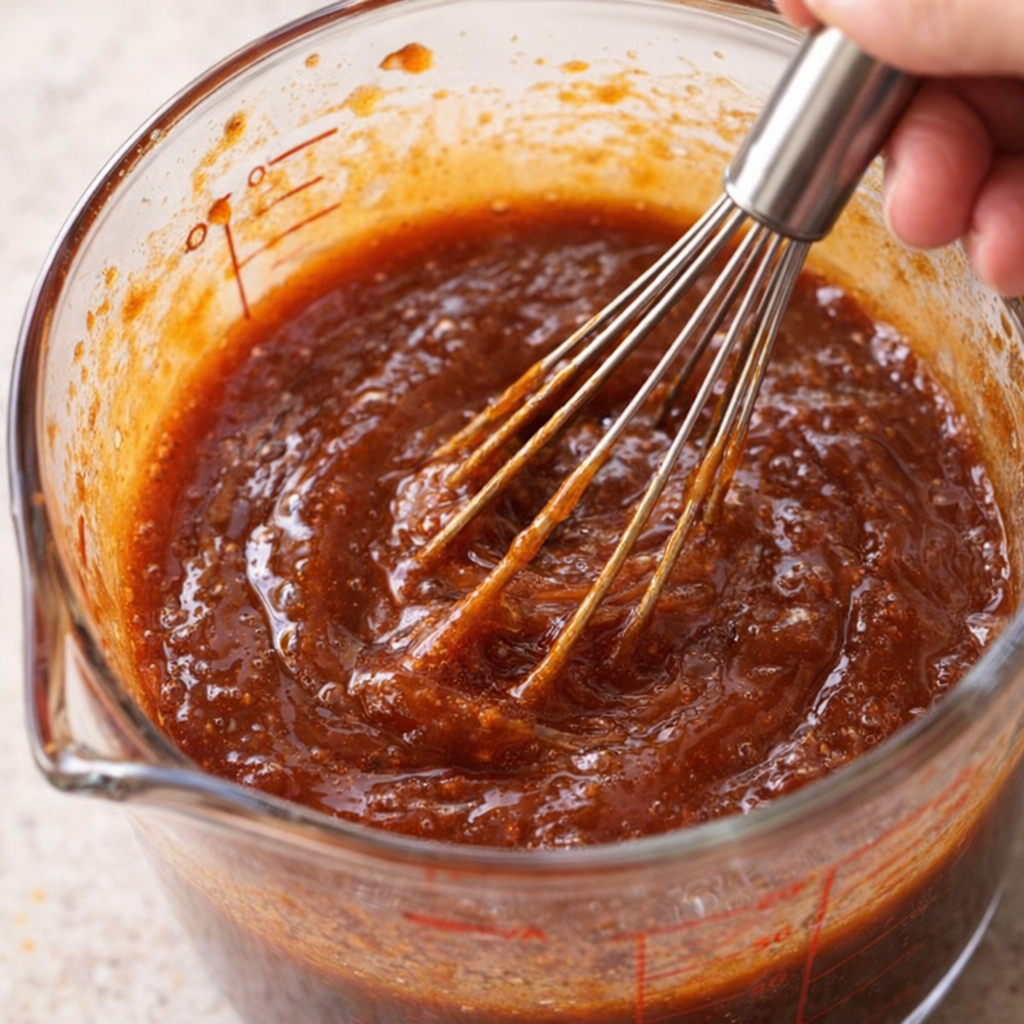 Barbecue sauce mixture being whisked in a measuring cup