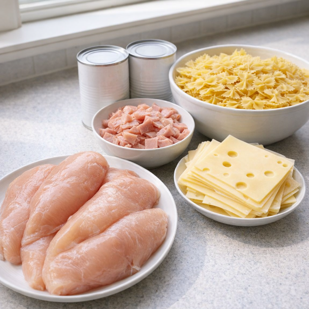 Five ingredients arranged on a kitchen counter before cooking