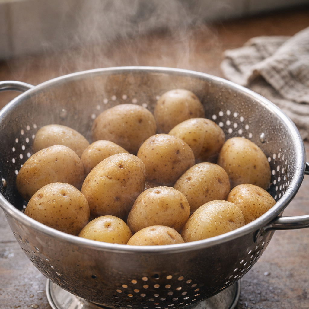 Boiled potatoes steaming in a colander