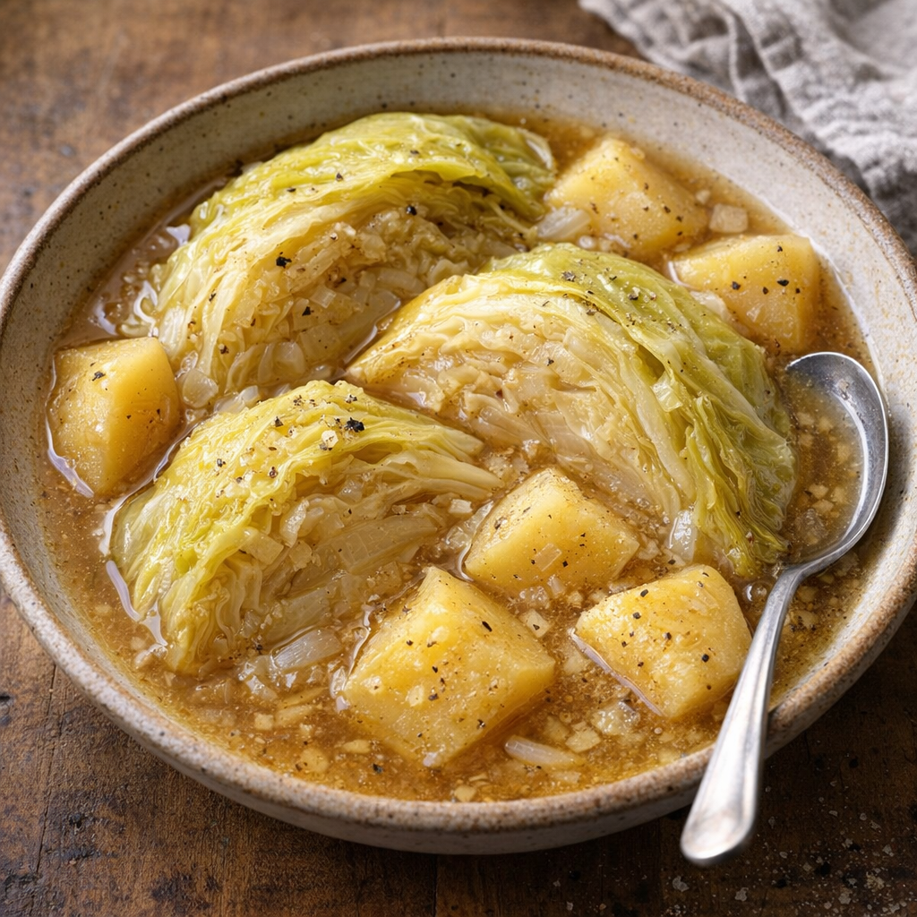 Slow cooker cabbage and potatoes served in a rustic bowl