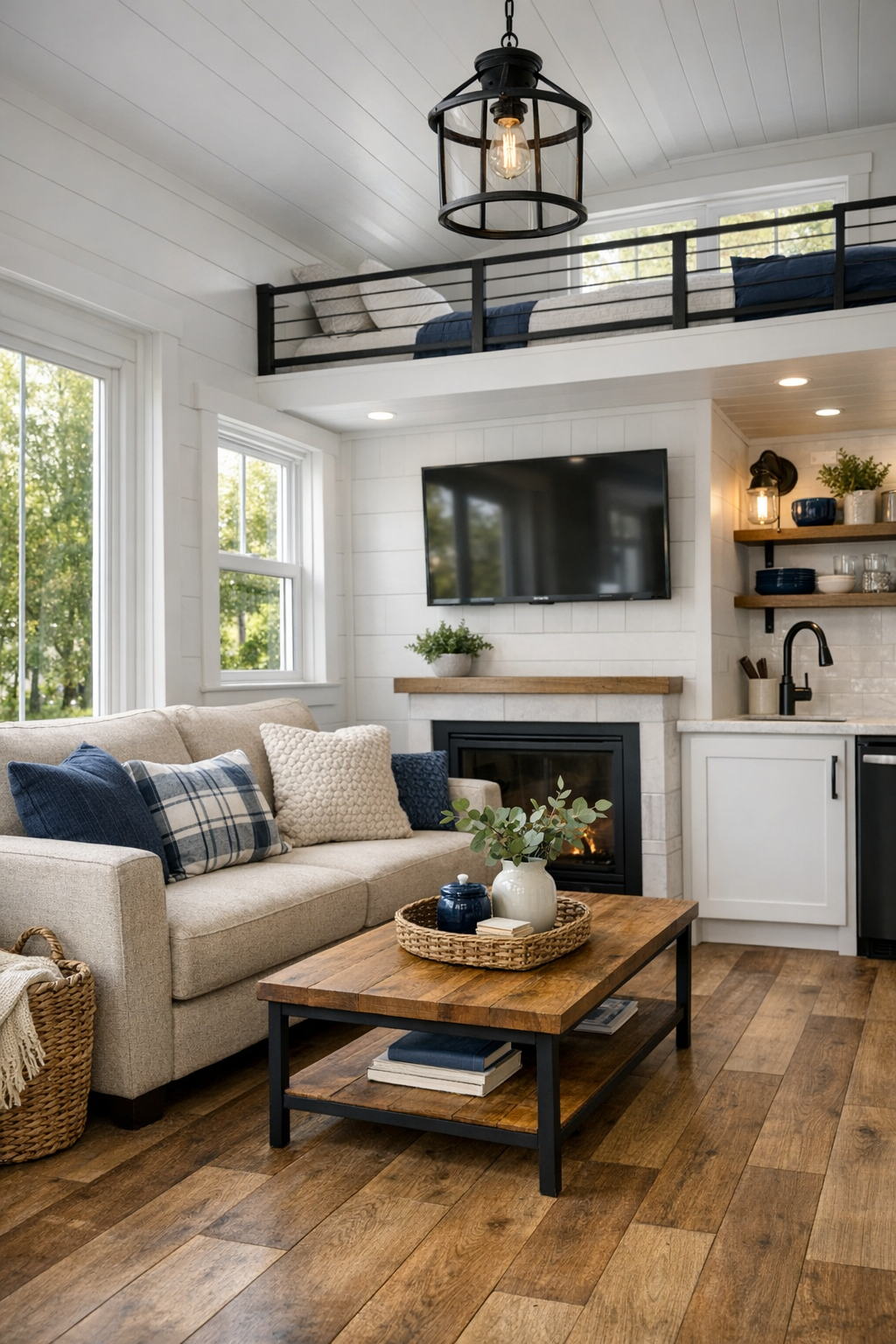Bright modern farmhouse living room with warm wood floors and soft neutral seating
