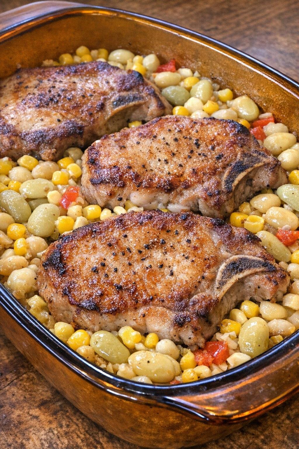 Golden browned pork chops in succotash casserole
