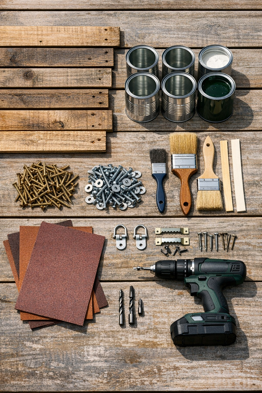 Materials for a pallet wood outdoor spice rack with painted tin cans