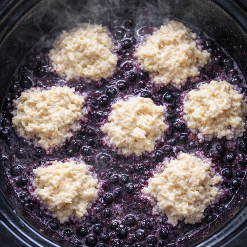 Biscuit batter dropped over bubbling blueberries