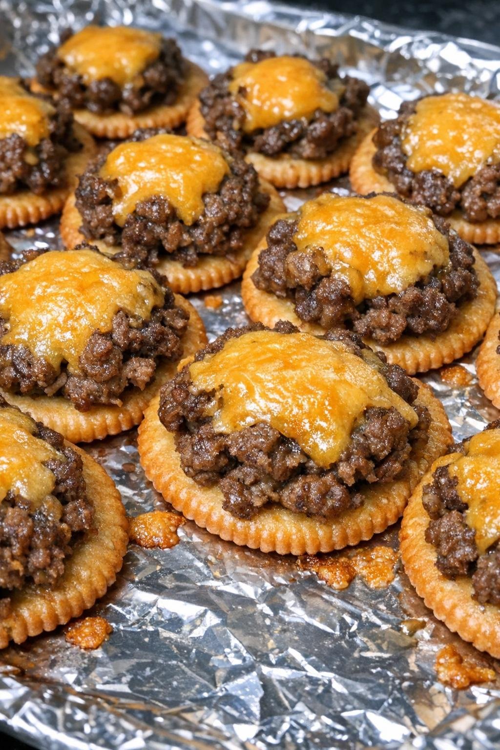 Oven baked 3-ingredient beef cracker bites on a foil-lined baking sheet