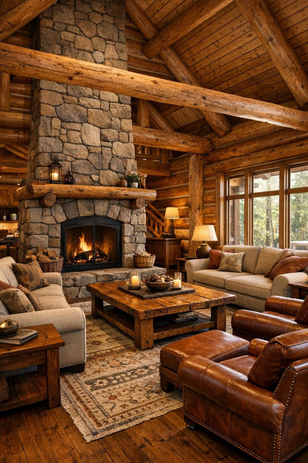 Living room with cedar log walls, stone fireplace, and Amish-crafted wood furniture