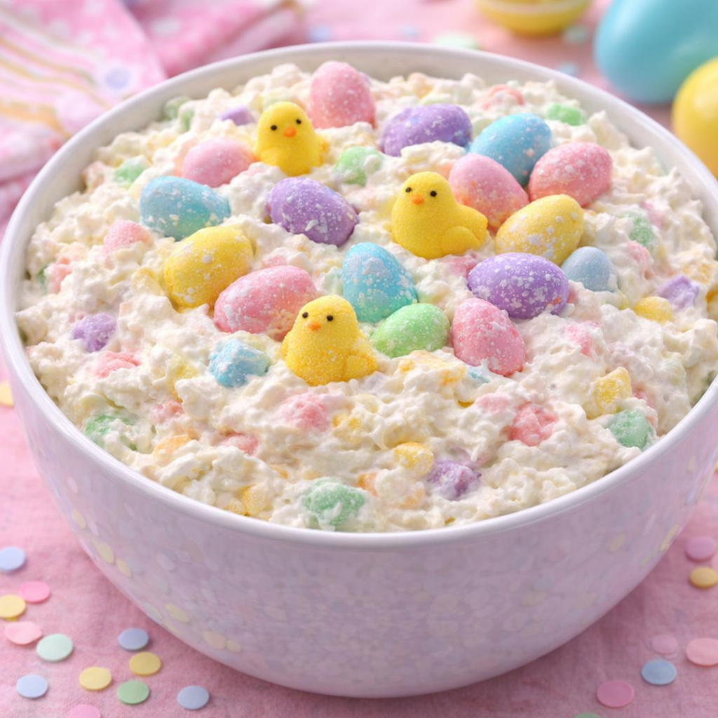 Festive sweet fluff dip with colorful holiday-themed candies on top