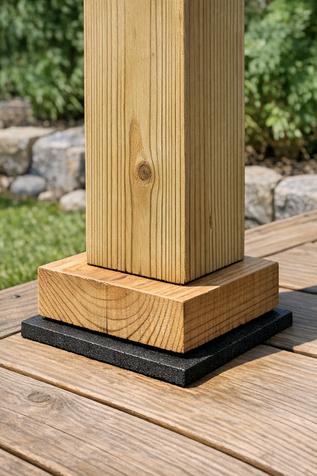 Finished heavy-duty deck post base made from a wood block with a rubber hot water bottle pad underneath