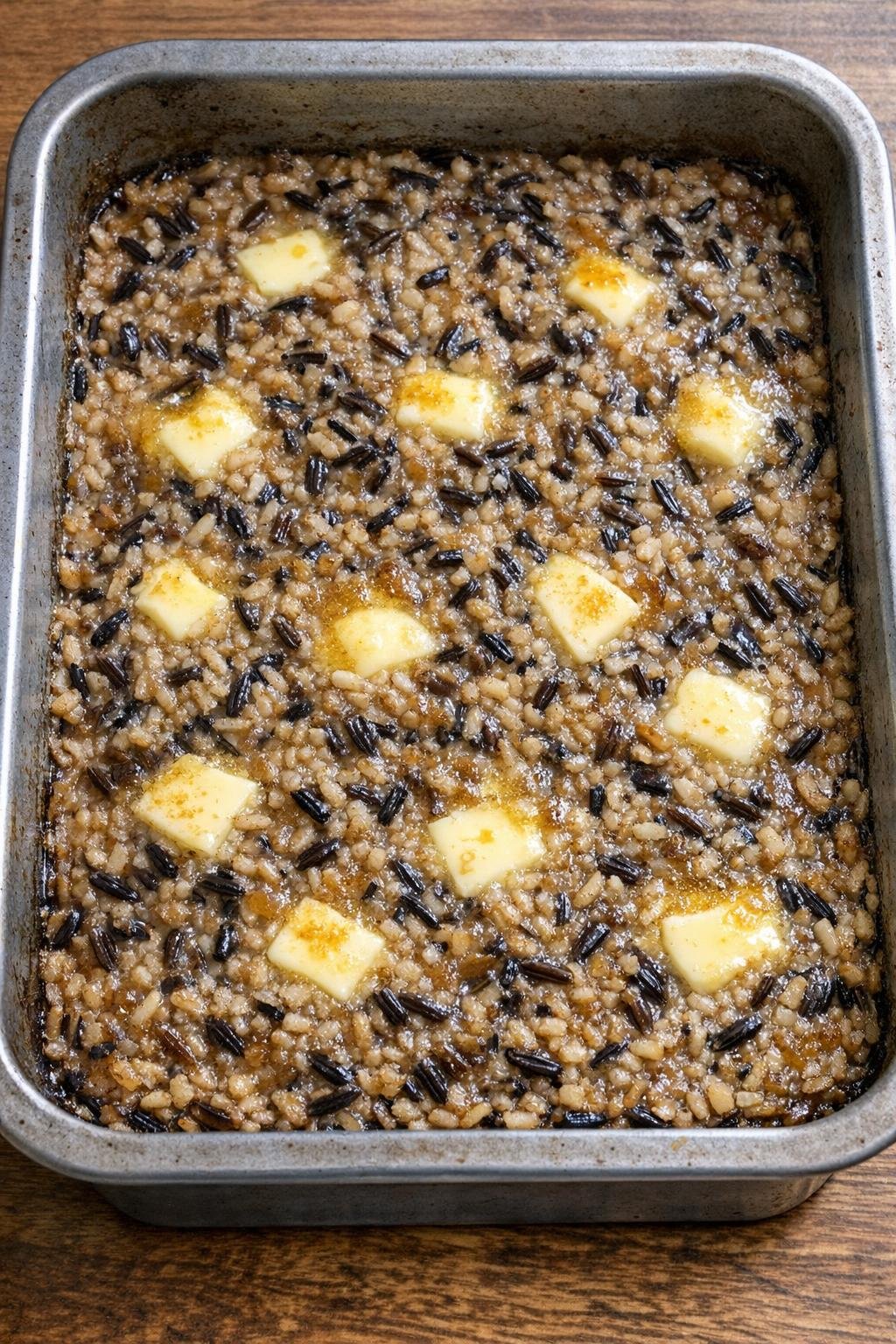 Finished baked sweet wild rice dessert in a roasting pan