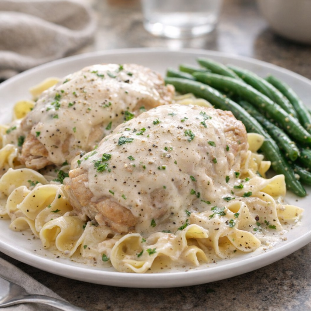 Finished slow cooker chicken with noodles and creamy sauce