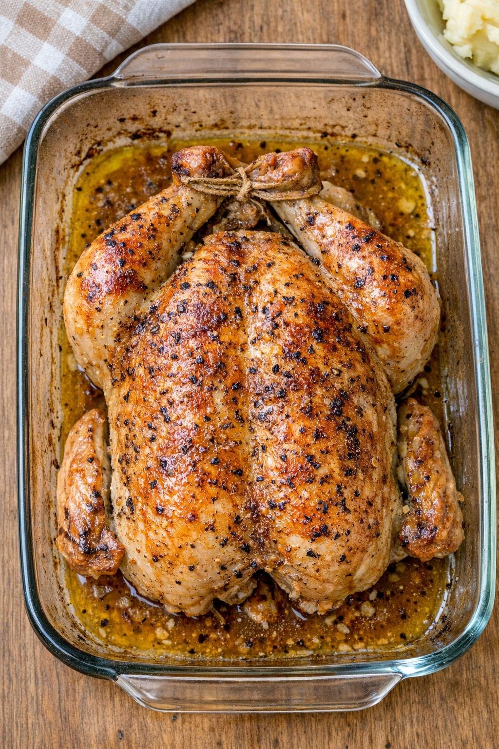 Roasted whole chicken in a glass casserole dish