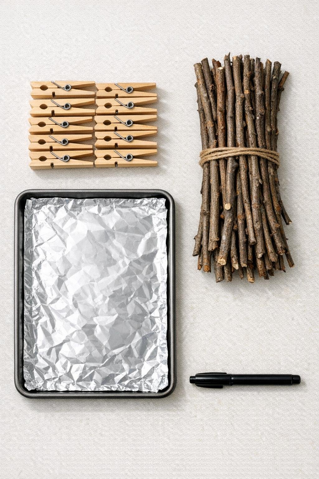 Wooden clothespins, trimmed garden twigs, foil-lined baking sheet, and marker laid out for the project