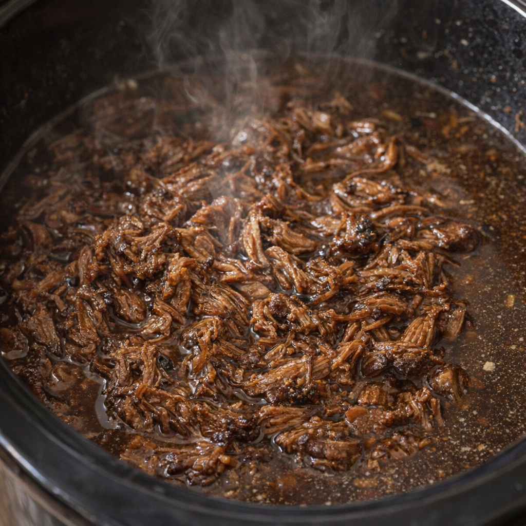 Tender shredded beef mixed back into au jus