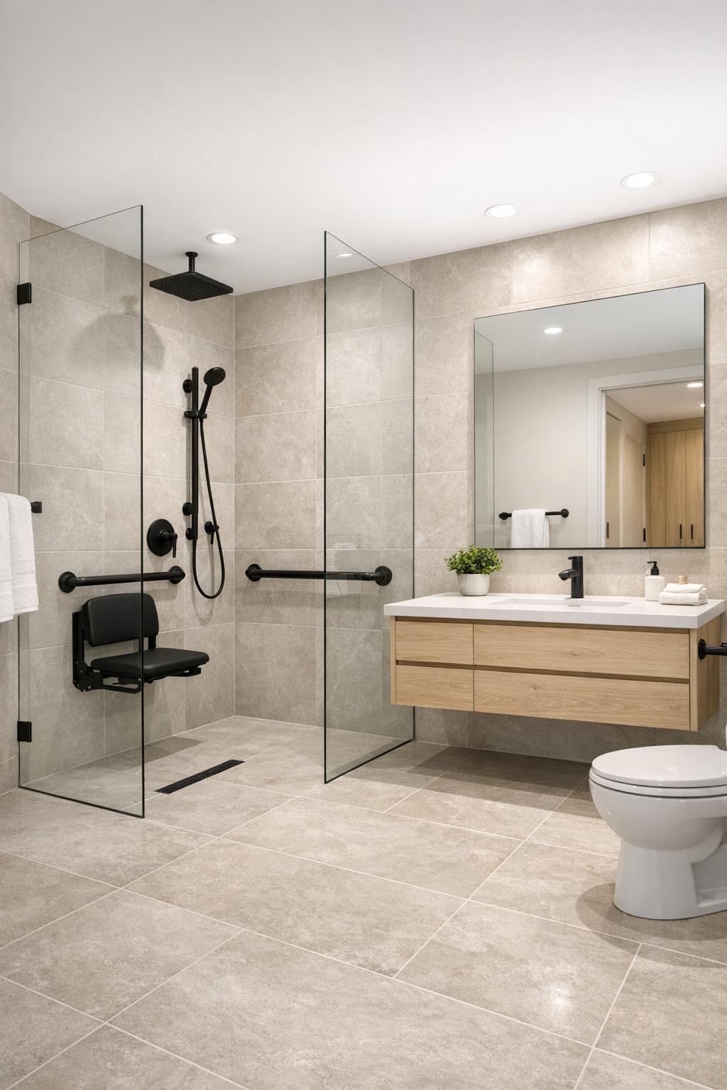 Accessible bathroom with curbless shower, pale wood vanity, and soft stone tile
