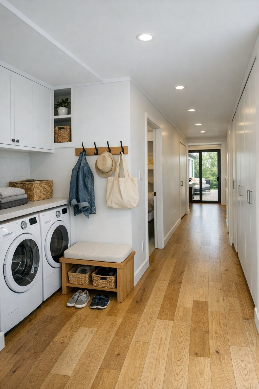 Bright hallway and utility nook with built-in storage in a modern container home