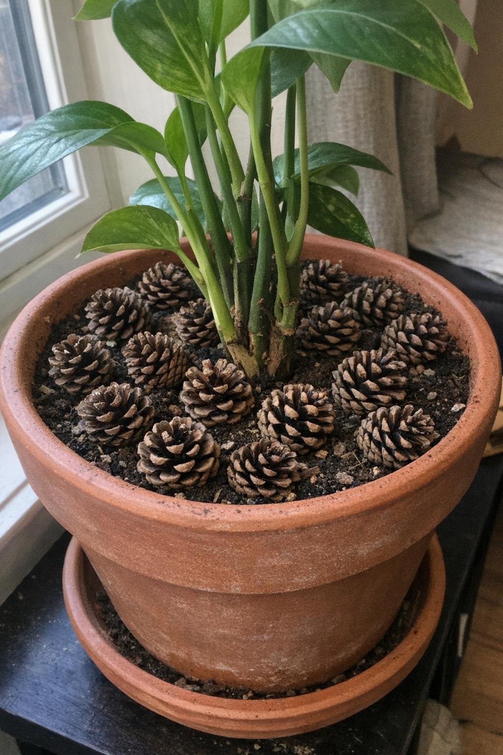 Small pine cones covering the soil in a houseplant pot