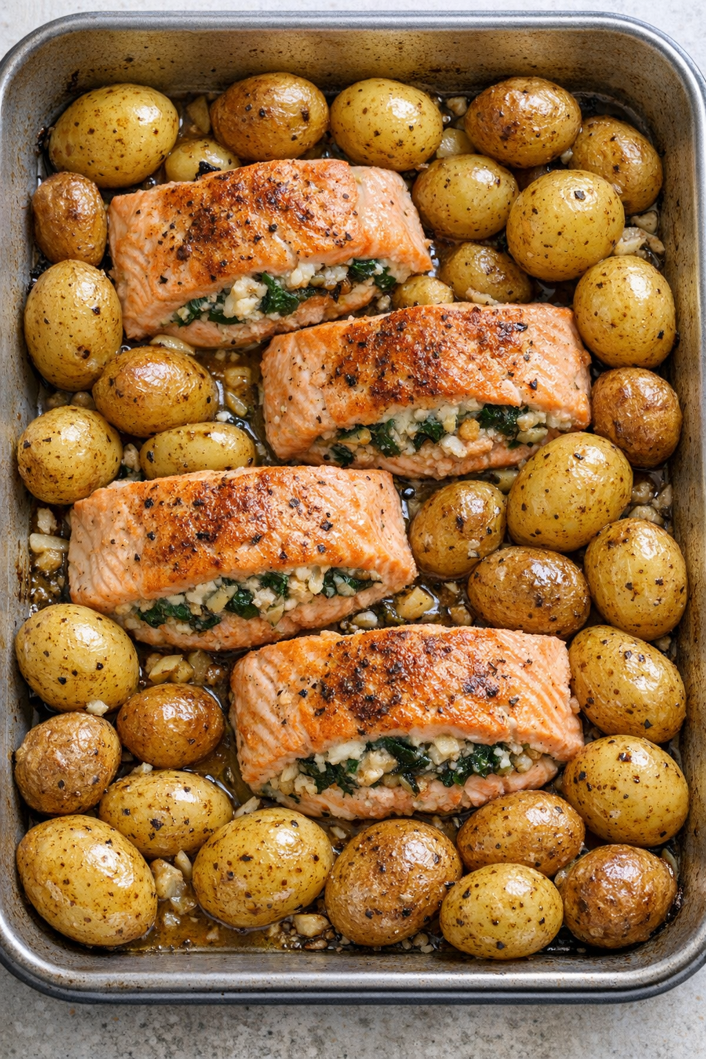 Baked stuffed salmon portions with roasted baby yellow potatoes
