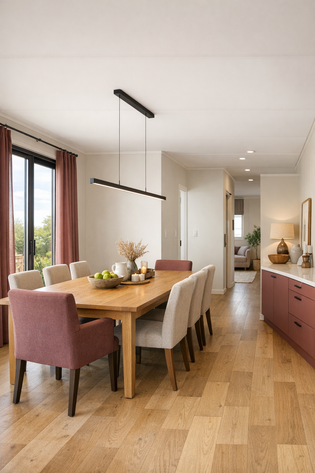 Warm dining room with oak table and accessible layout