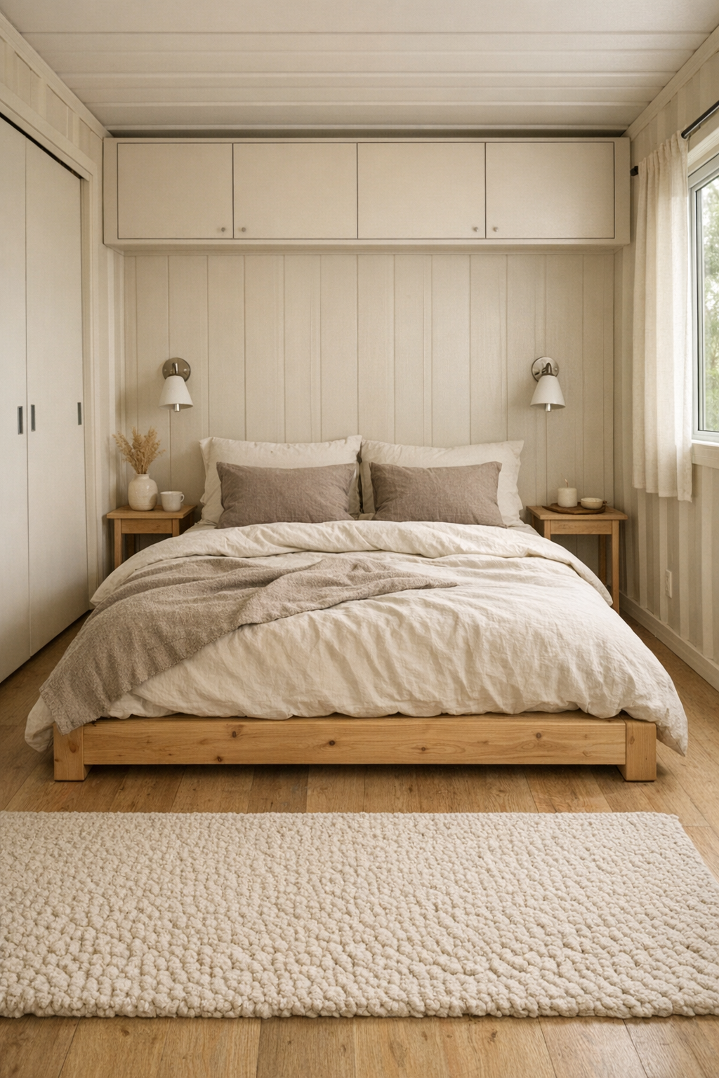 Calm neutral bedroom with a low wood bed, layered linen bedding, and built-in storage