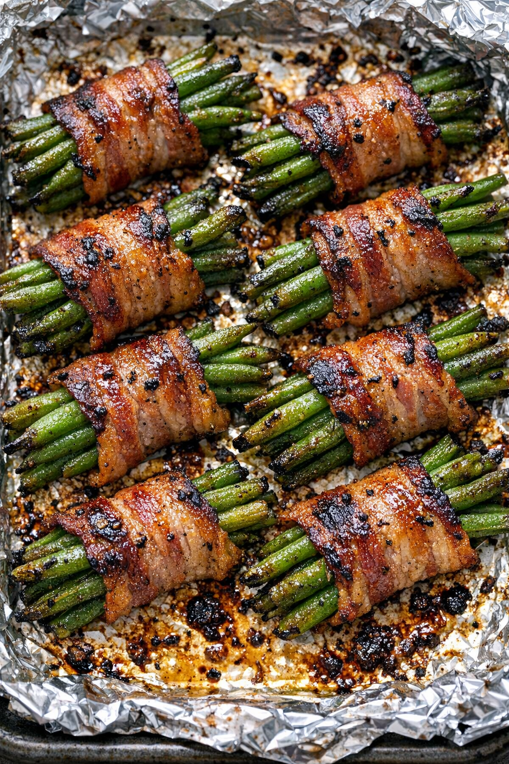 Finished bacon-wrapped green bean bakes