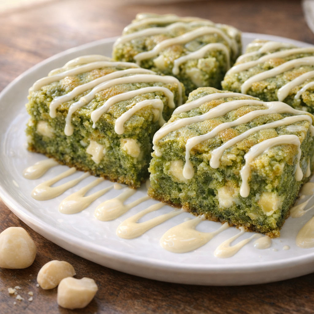 Drizzled blondies arranged for serving on a dessert plate