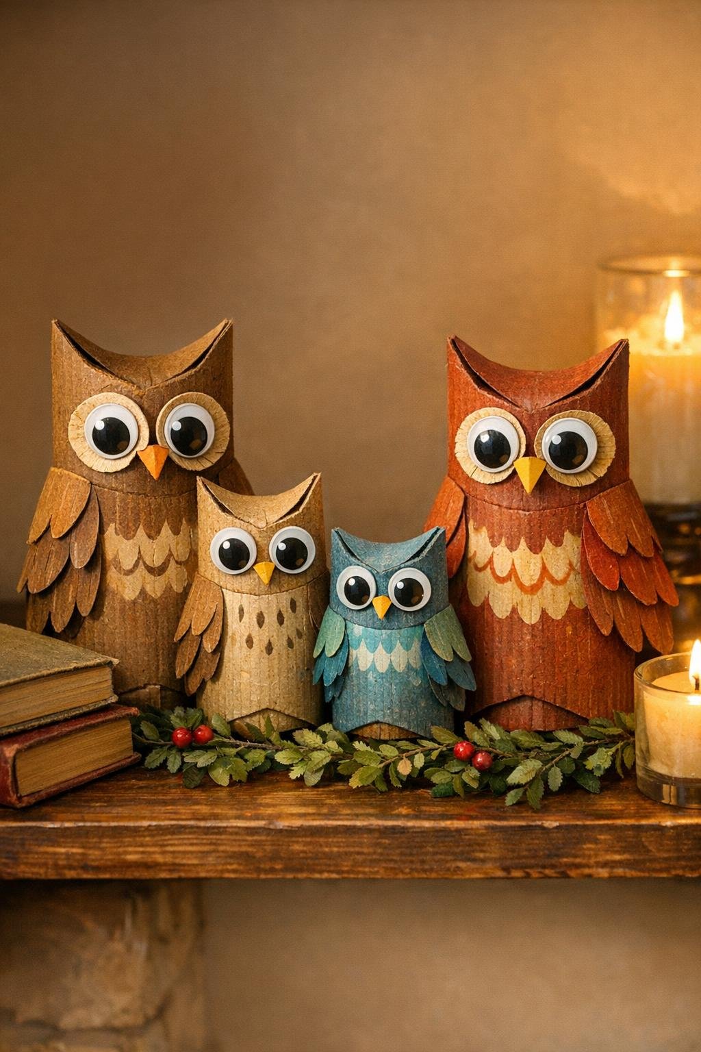 Finished cardboard roll owl family displayed together