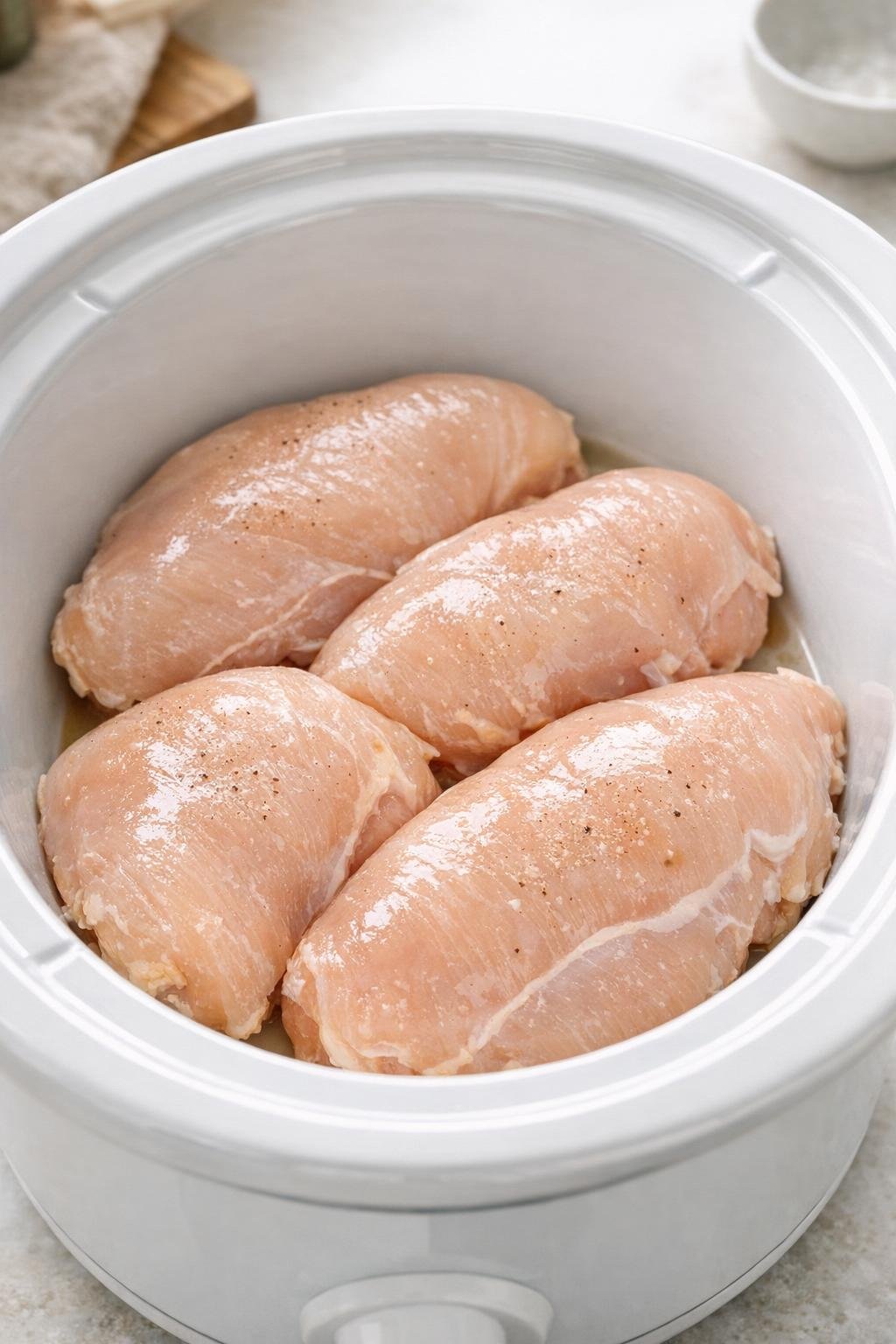 Kippenborsten gerangschikt in een witte slowcooker