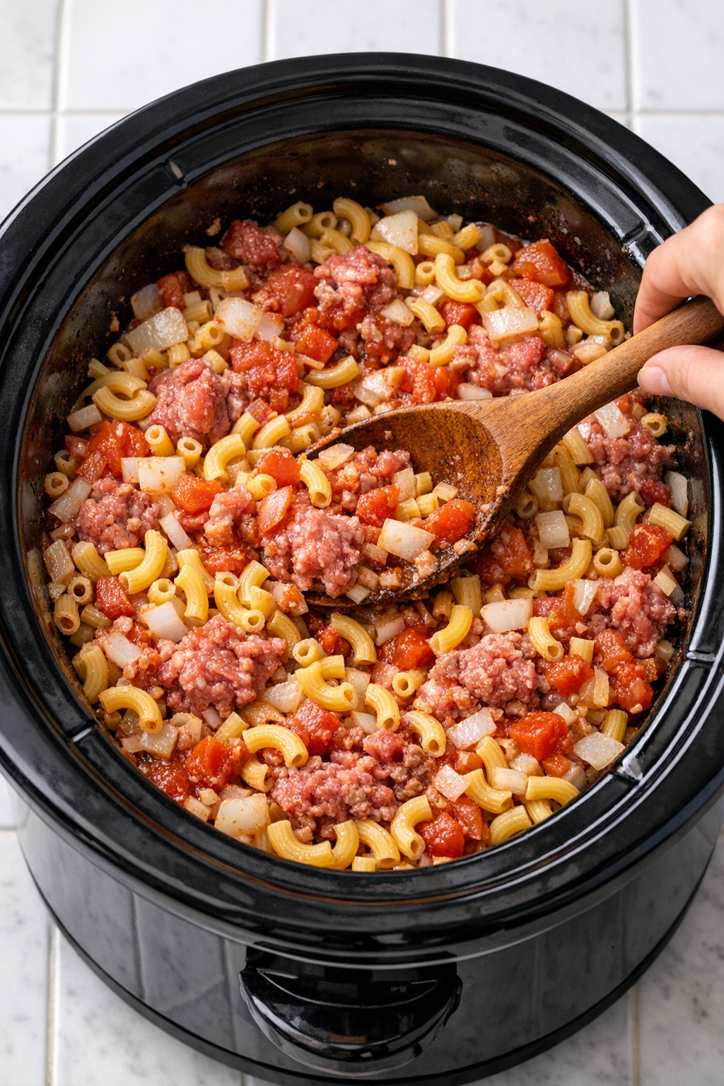 Macaroni, beef, and tomato mixture stirred in the slow cooker