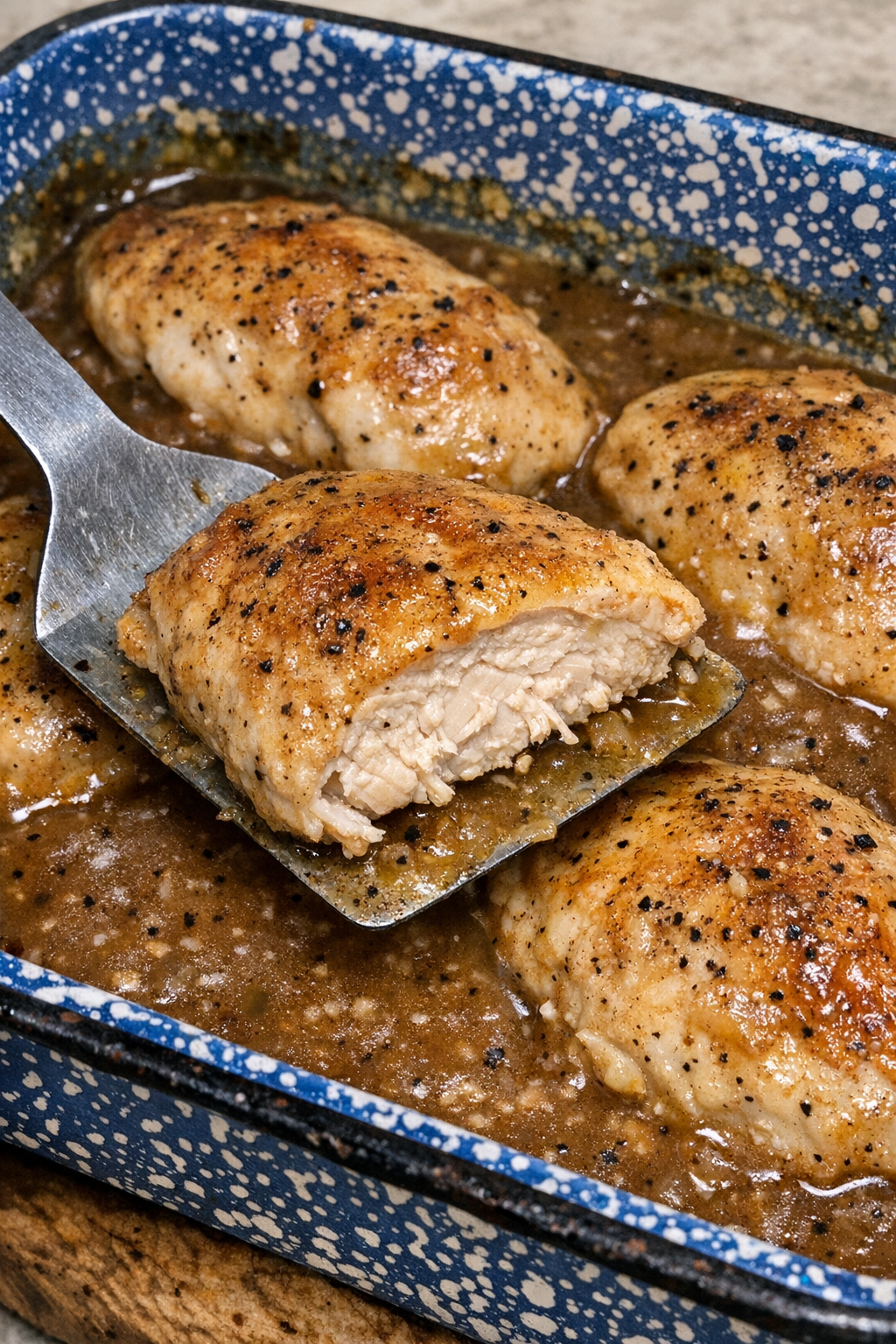 Baked chicken in brown gravy in a blue speckled enamel pan
