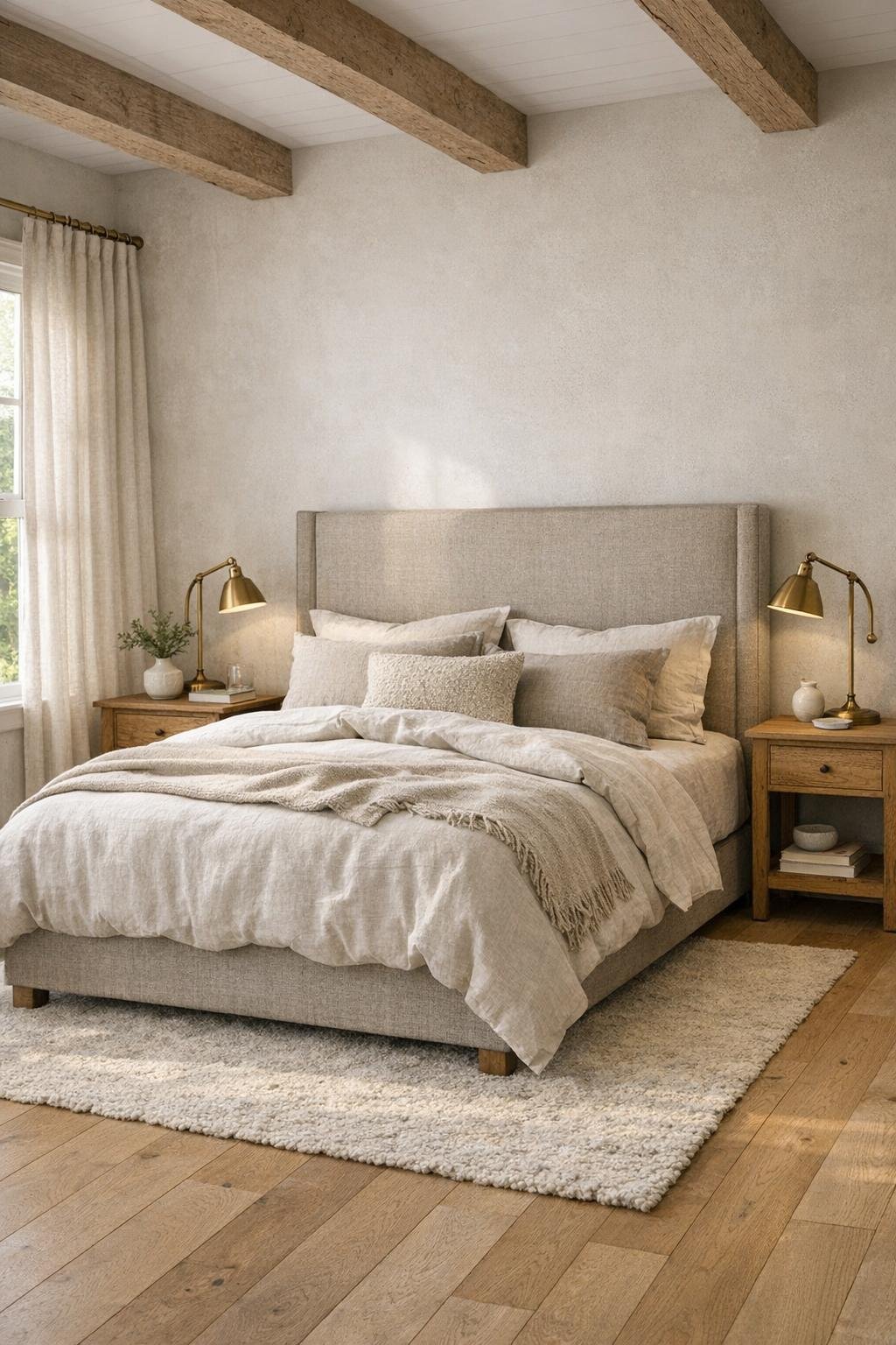 Serene farmhouse bedroom with linen bedding, pale oak floors, and soft neutral layers