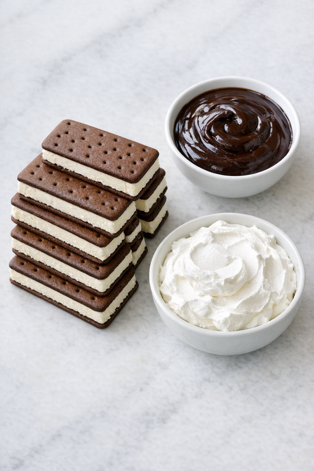 Ice cream sandwiches, fudge sauce, and whipped topping