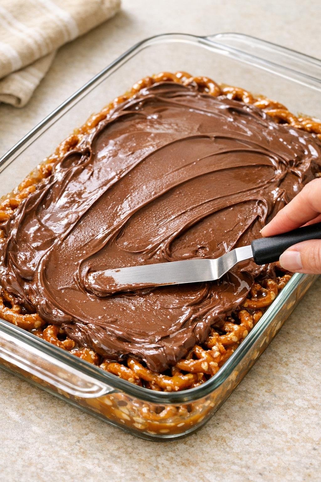 Zachte chocoladeschilfers uitgespreid over gebakken pretzels.