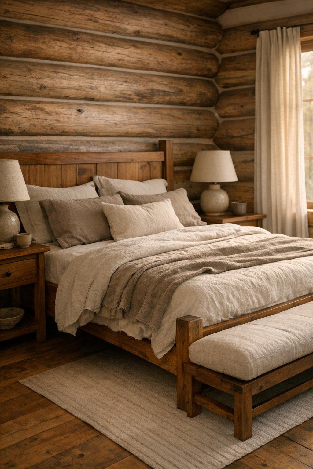 Serene log home bedroom with layered linen bedding and soft natural colors