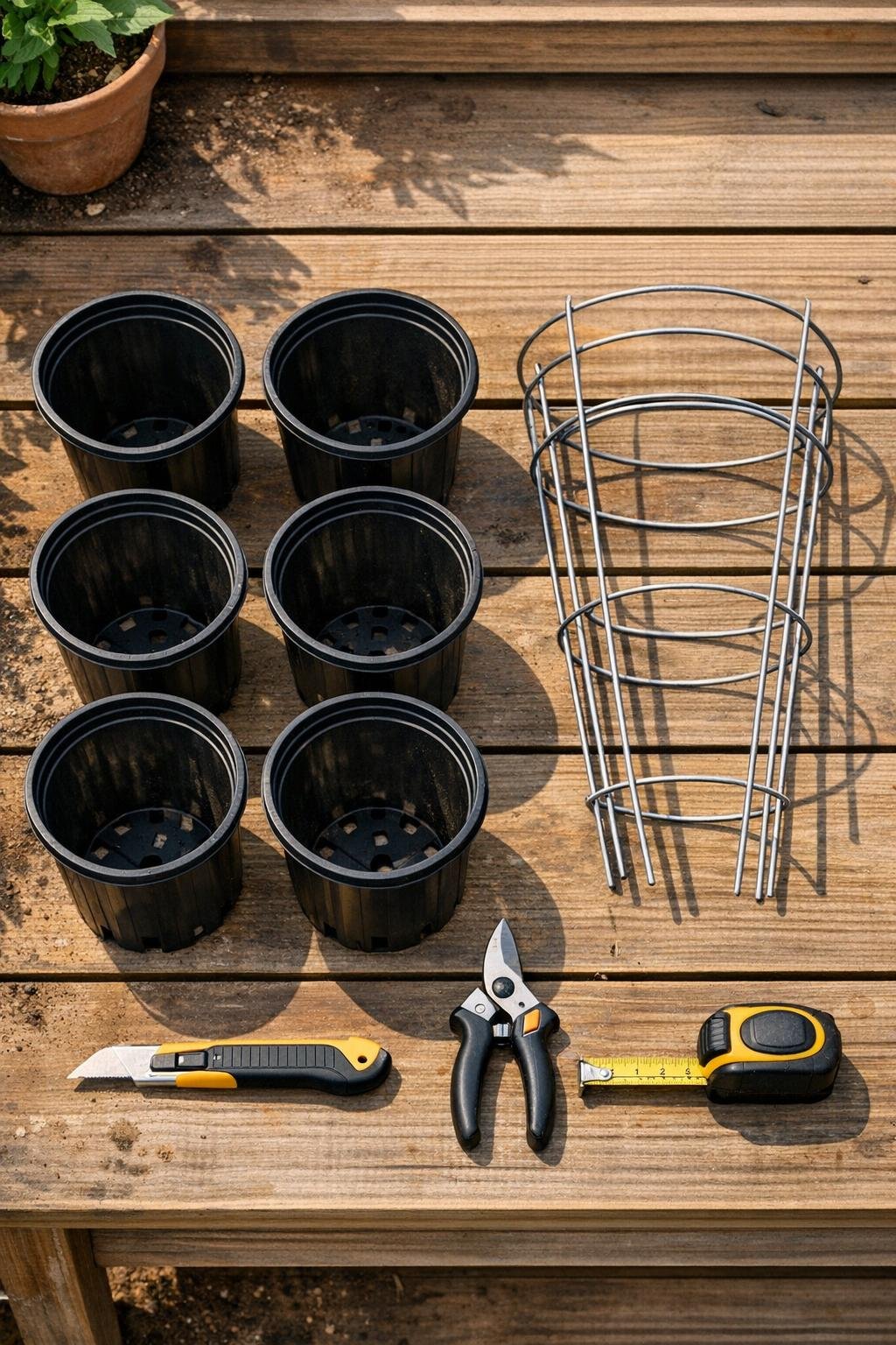 Plastic nursery pots, tomato cage, and cutting tools laid out on a potting bench