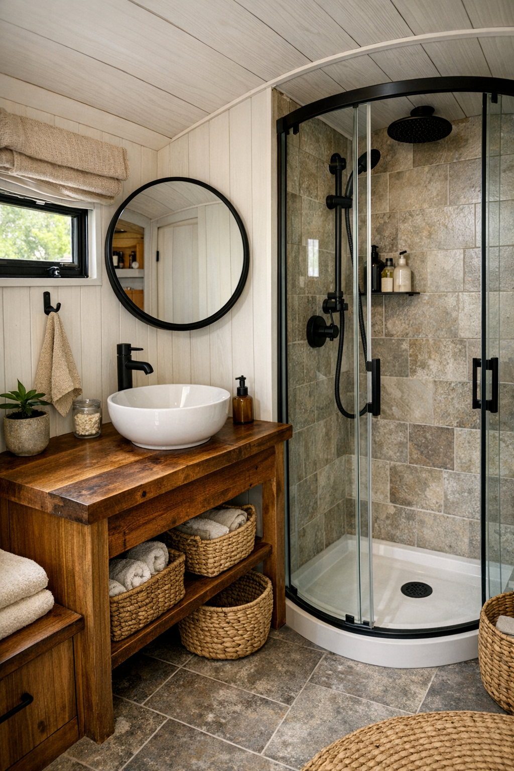 Compact rustic bus bathroom with wood vanity and glass shower