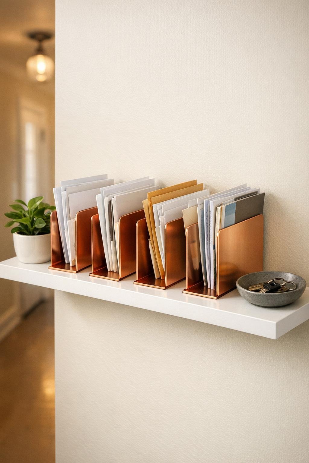 Finished copper bookend mail sorter mounted in a hallway