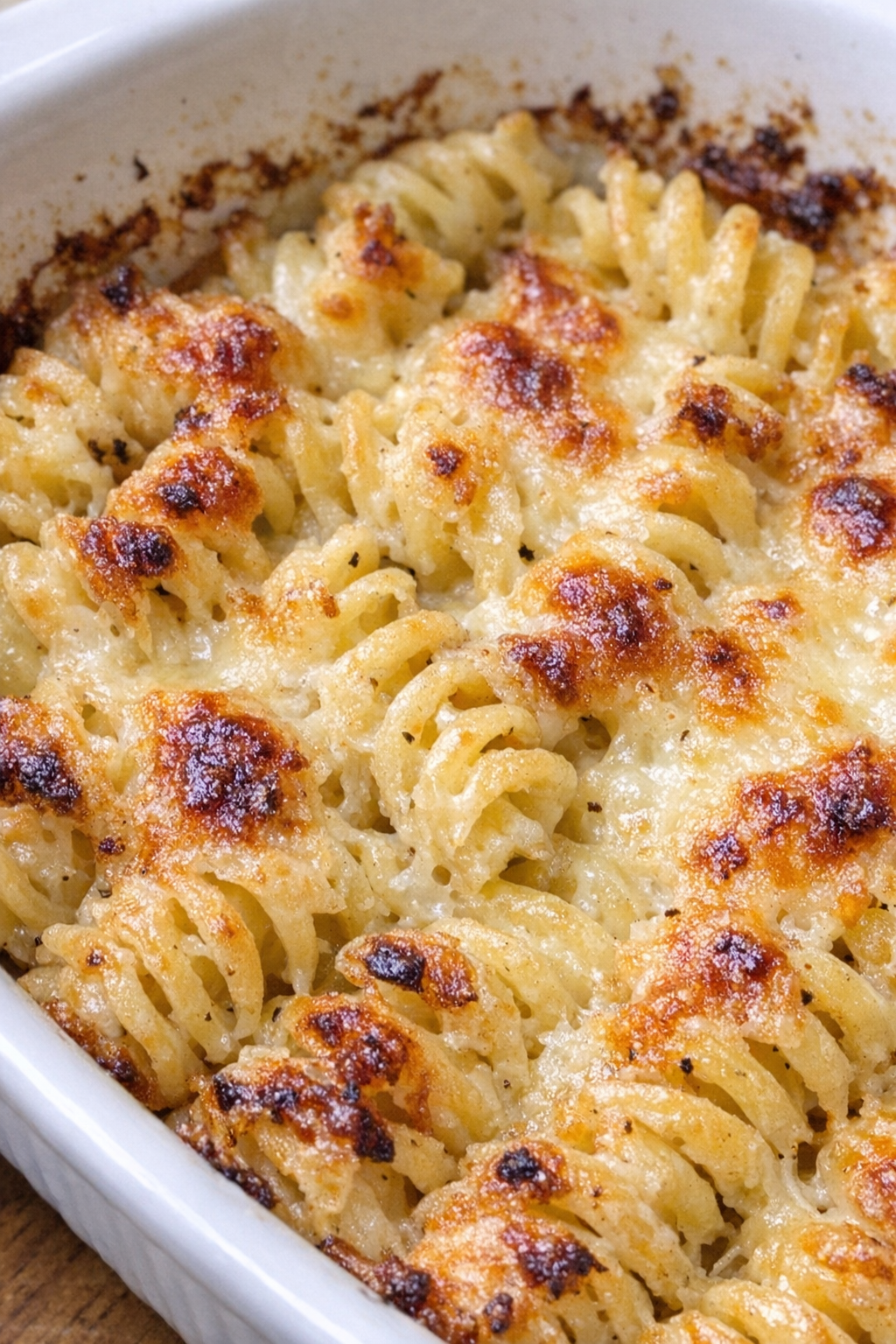 Golden brown asiago rotini in a white casserole dish