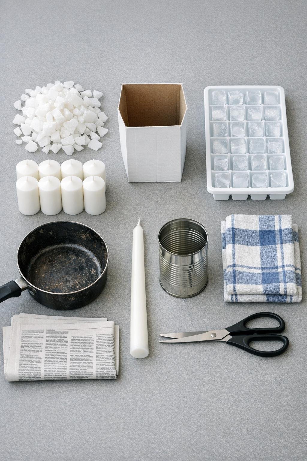 Materials for making an ice candle laid out on a work surface