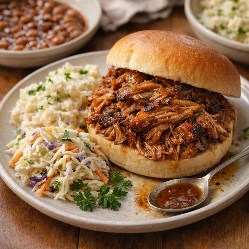 Slow cooker pulled pork served on a bun with classic sides