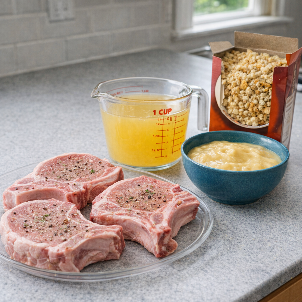 Ingredients for slow cooker pork chops and stuffing on the counter
