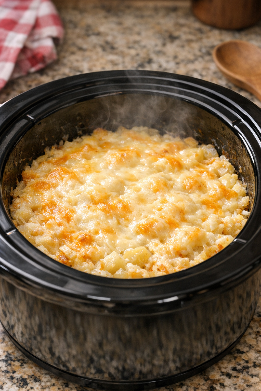 Cooked hash brown casserole in the slow cooker before crisping