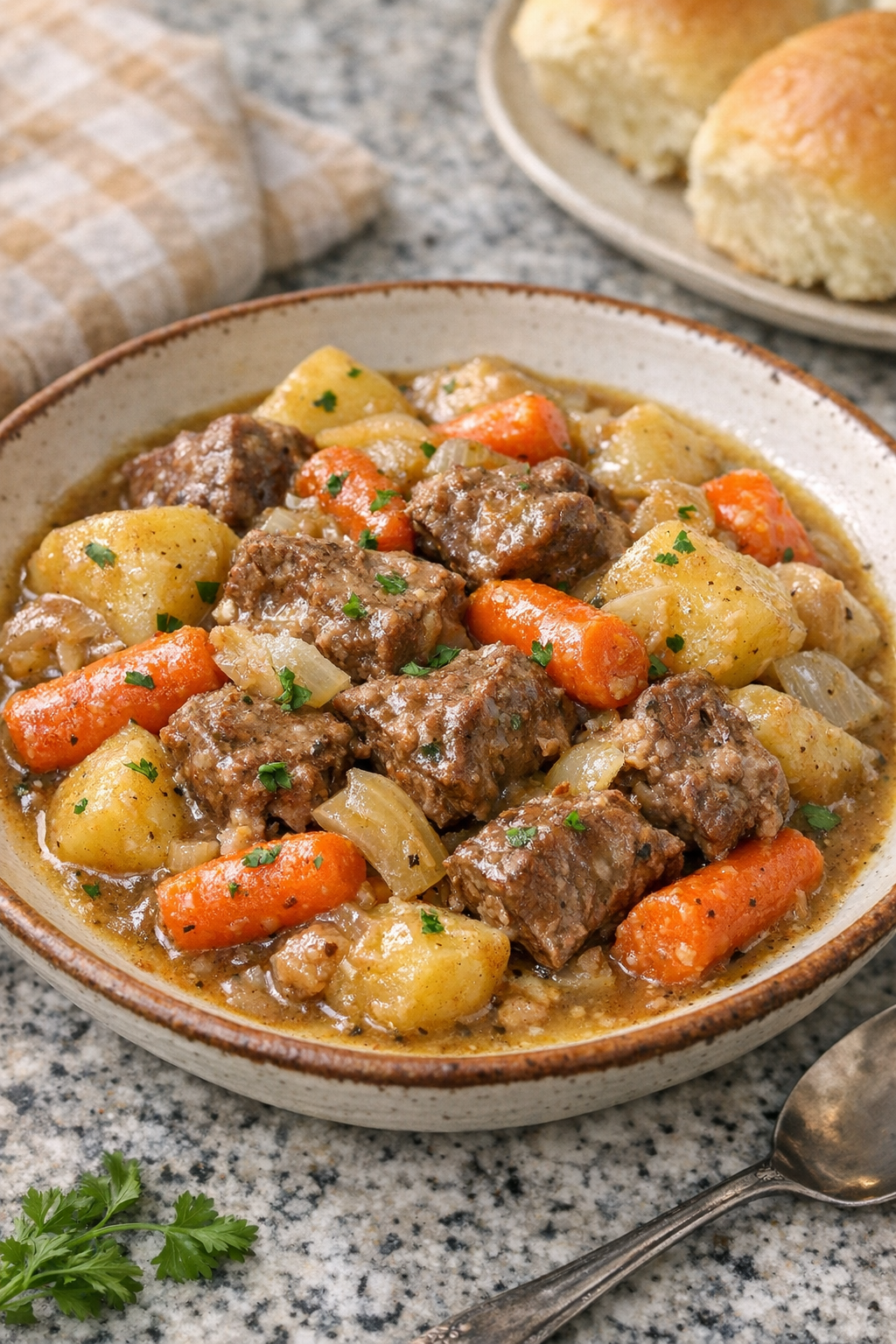 Finished slow cooker beef and vegetables plated in a rustic bowl