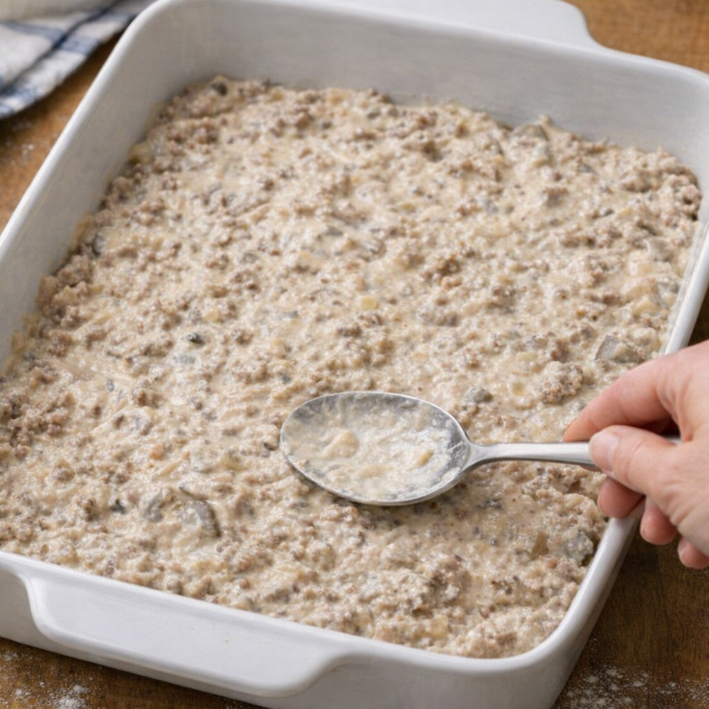 Beef and soup mixture being spread into a baking dish