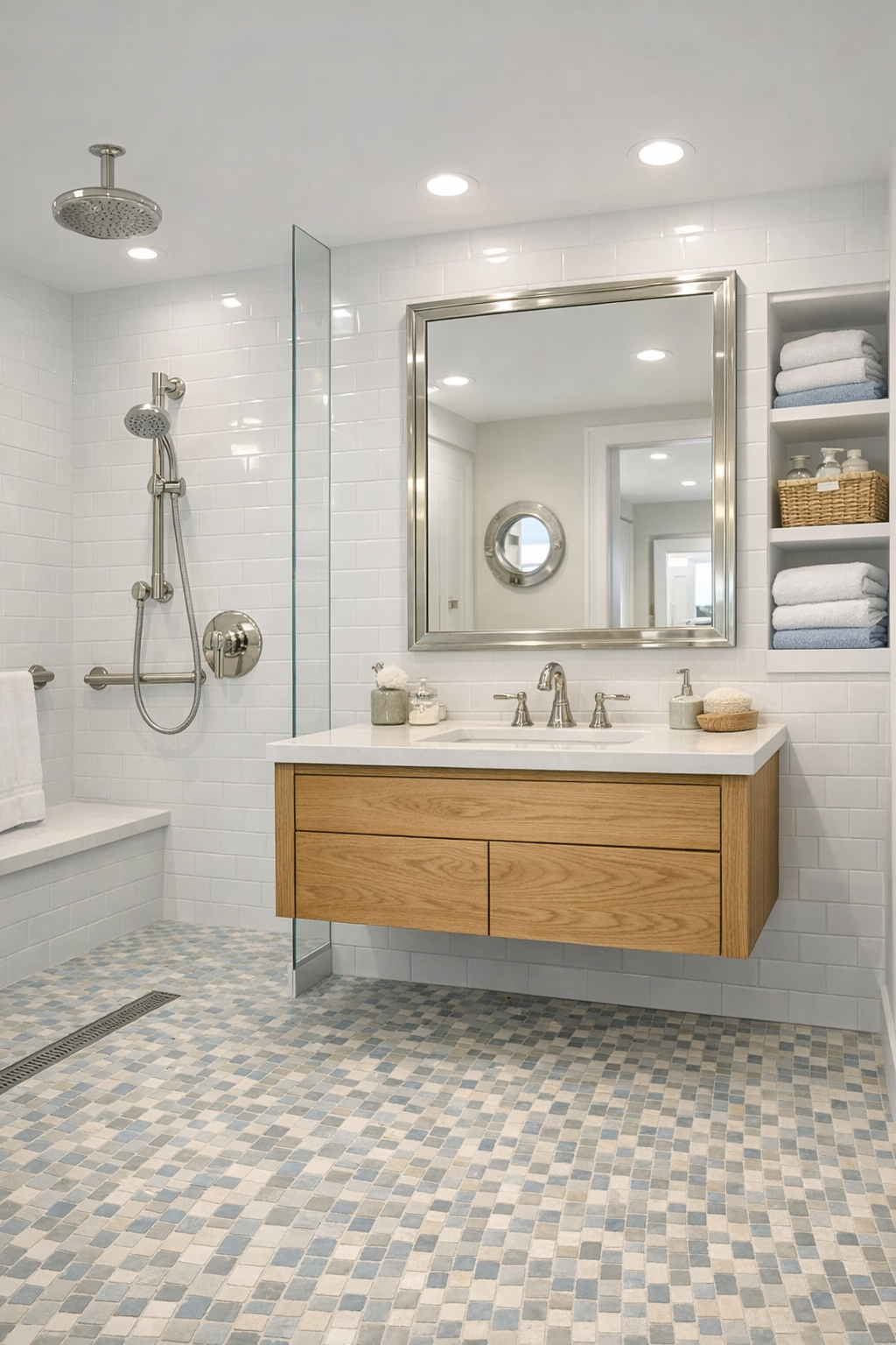 Bright accessible bathroom with curbless shower, white tile, and oak vanity