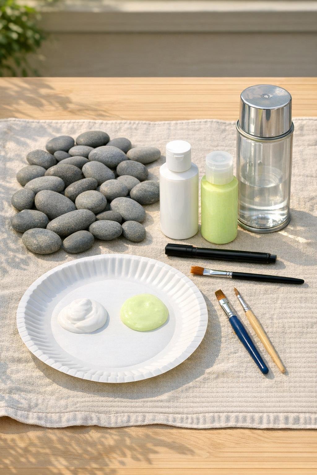 Materials for painted ghost river rocks laid out together