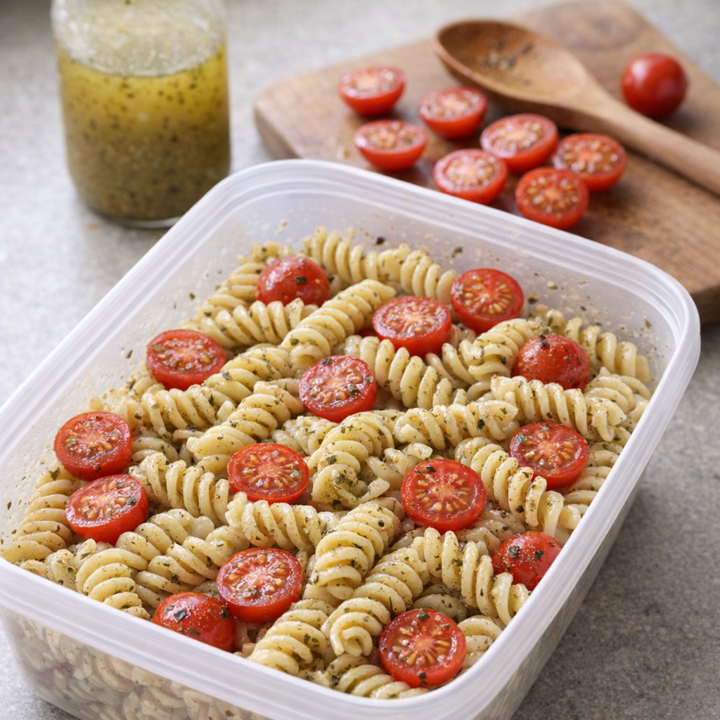 Pasta salad in a casual kitchen prep scene