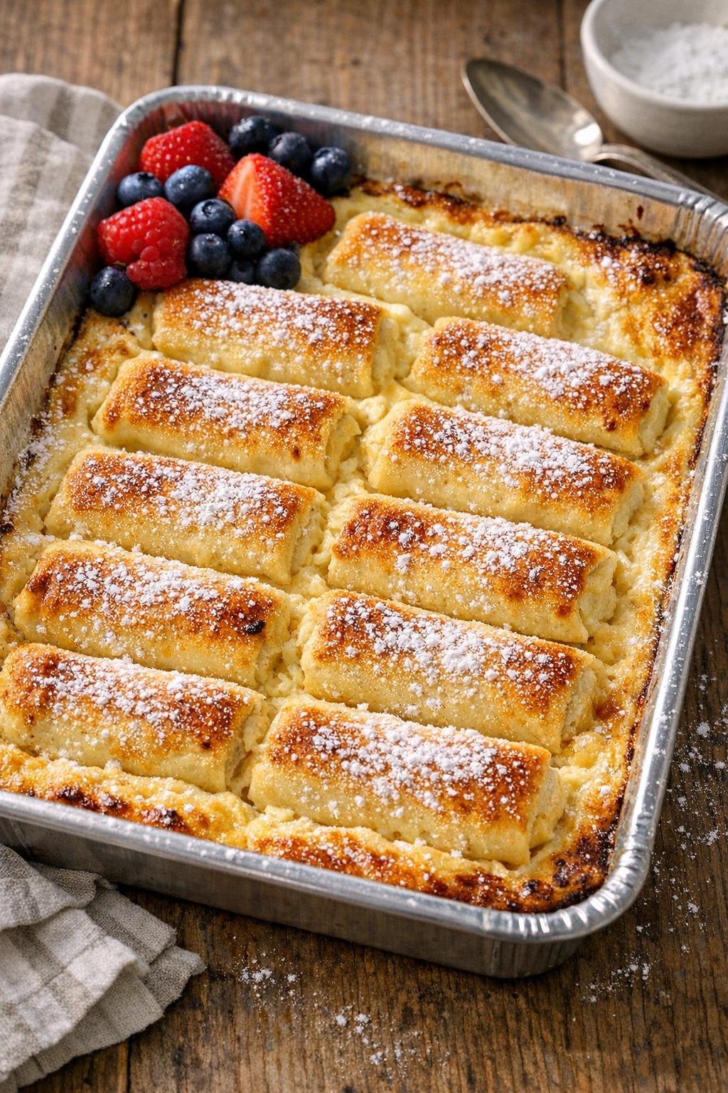 Finished baked cheese blintz dessert in a sheet pan