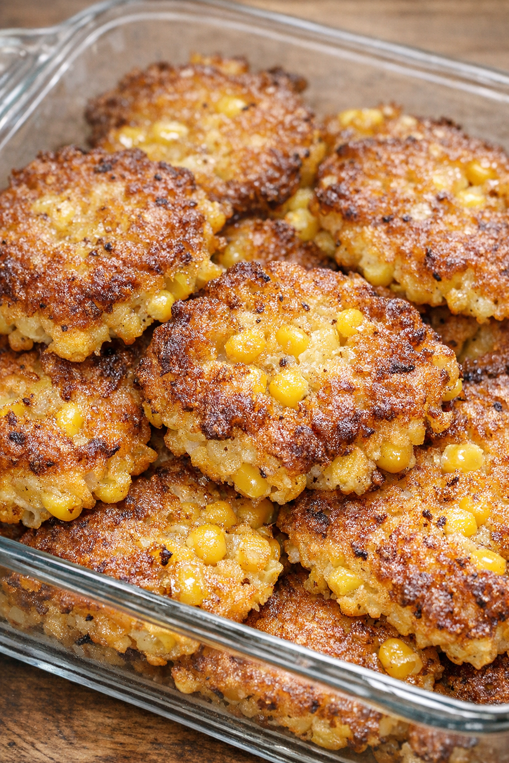 Southern corn fritters in a glass casserole dish