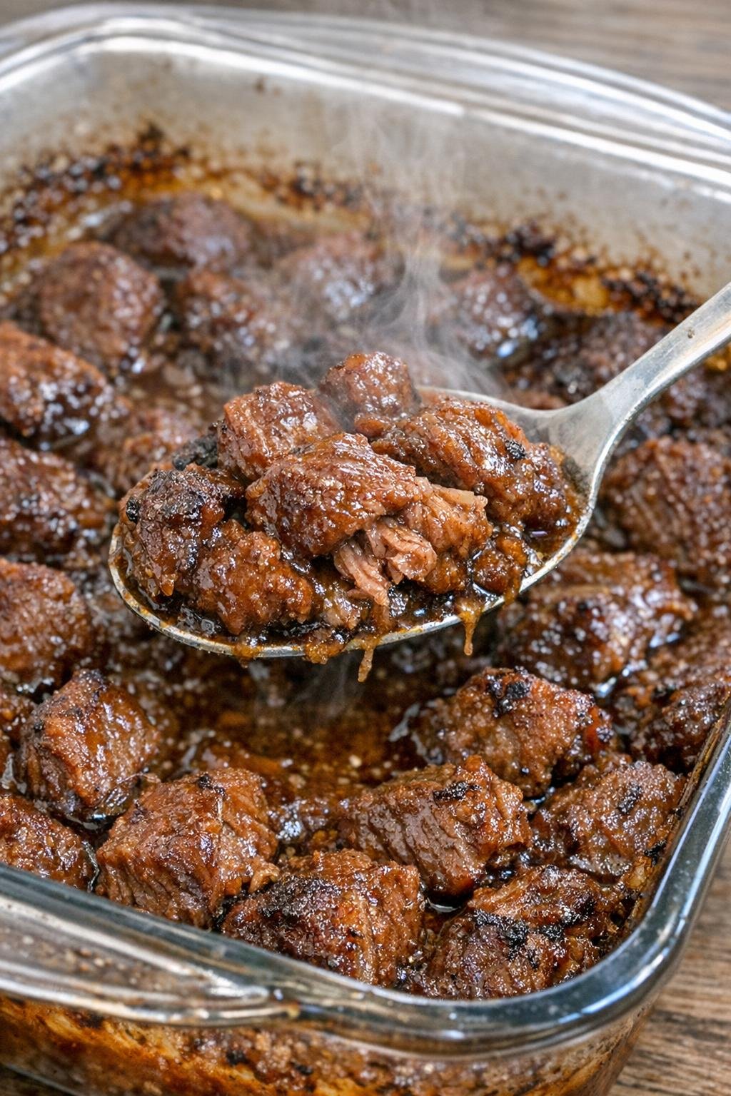 Tender savory beef bites in a glass casserole dish