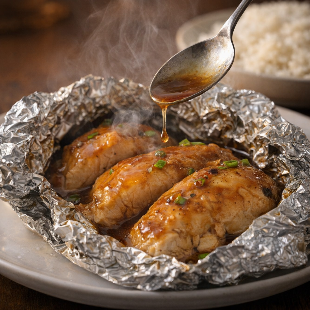 Opened foil packet revealing tender glazed chicken